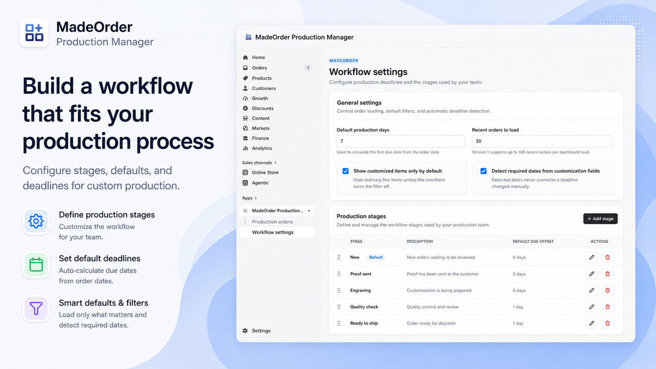 Workflow settings with custom stages and default deadlines