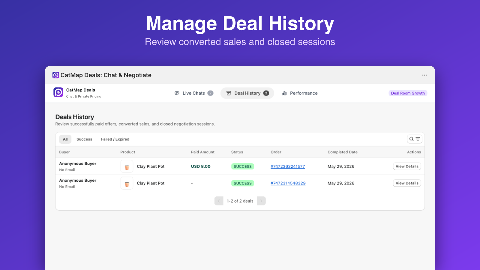 Deal history dashboard tracking closed sales and revenue.