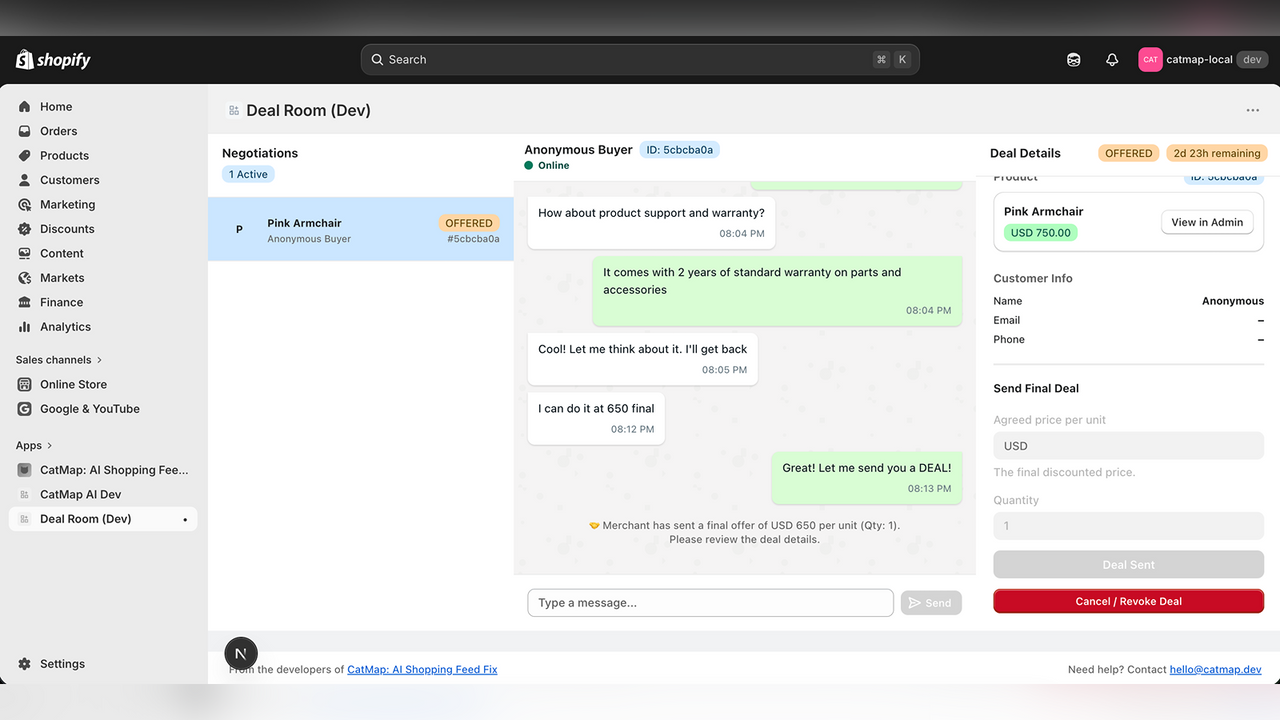 Merchant dashboard to counter and close custom price deals.