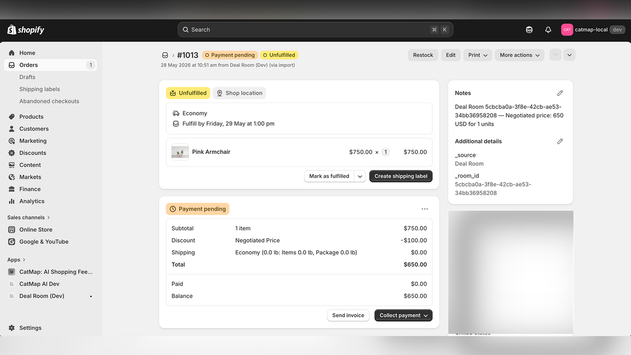 Buyer make-an-offer checkout flow via Shopify Draft Order.