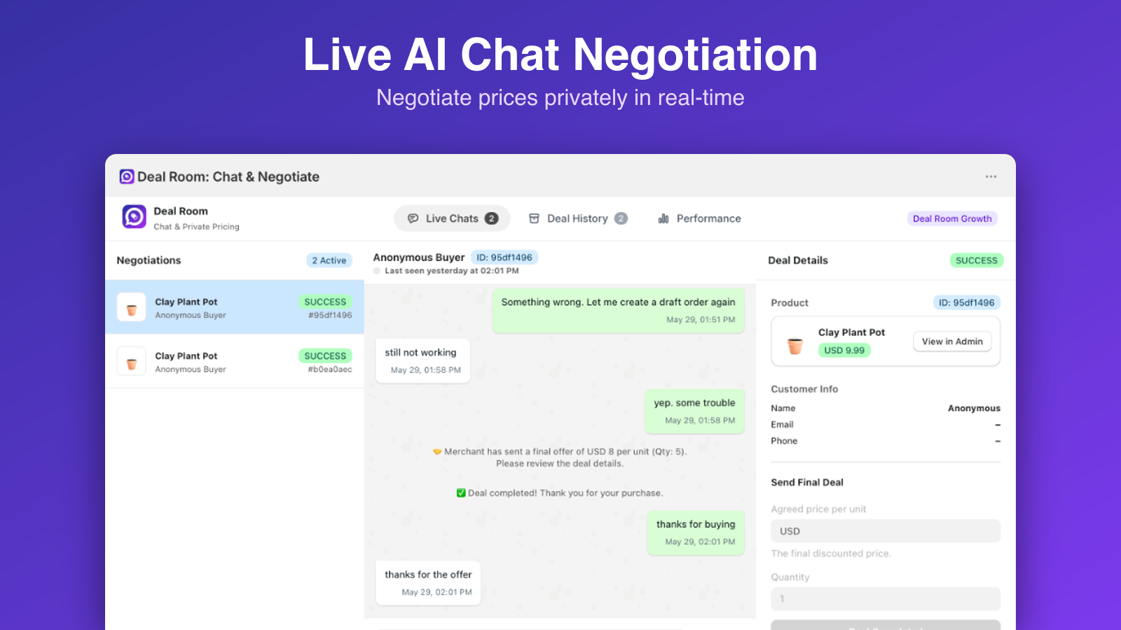 Live AI chat negotiation room for B2B and B2C deals.
