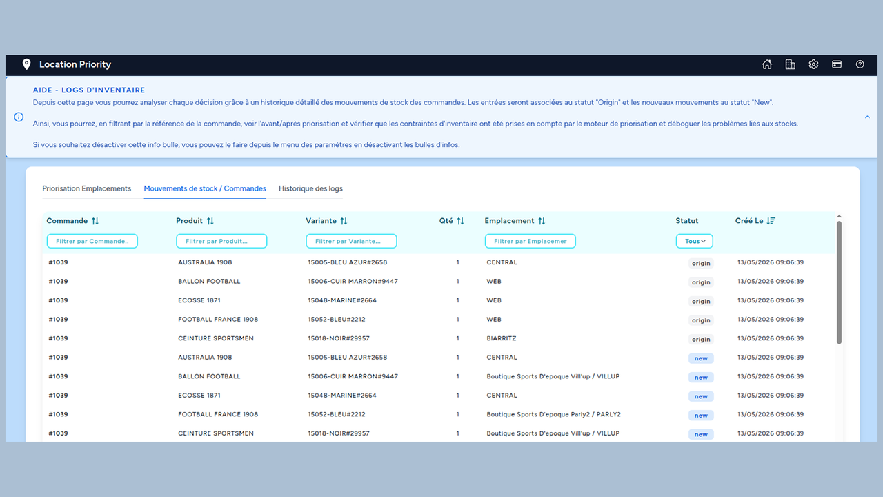 Logs Inventory order