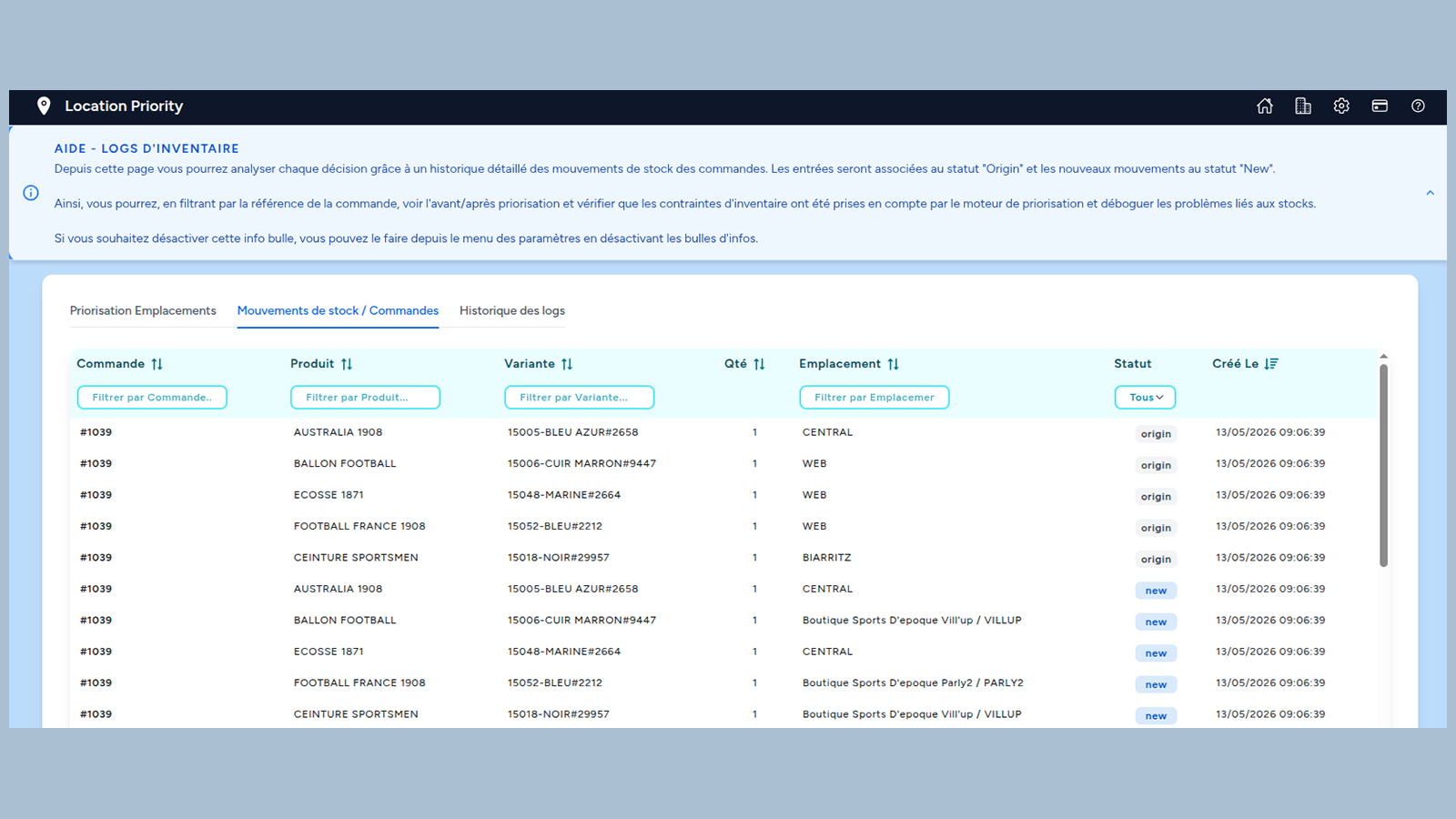 Logs Inventory order