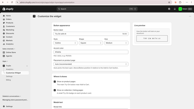 Merchant controls to customize the TryOn widget