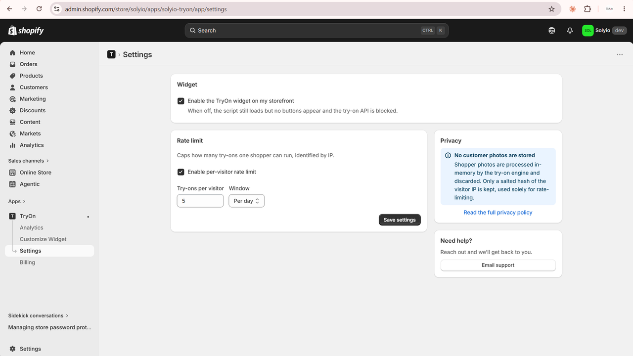 Per-visitor try-on rate-limit settings