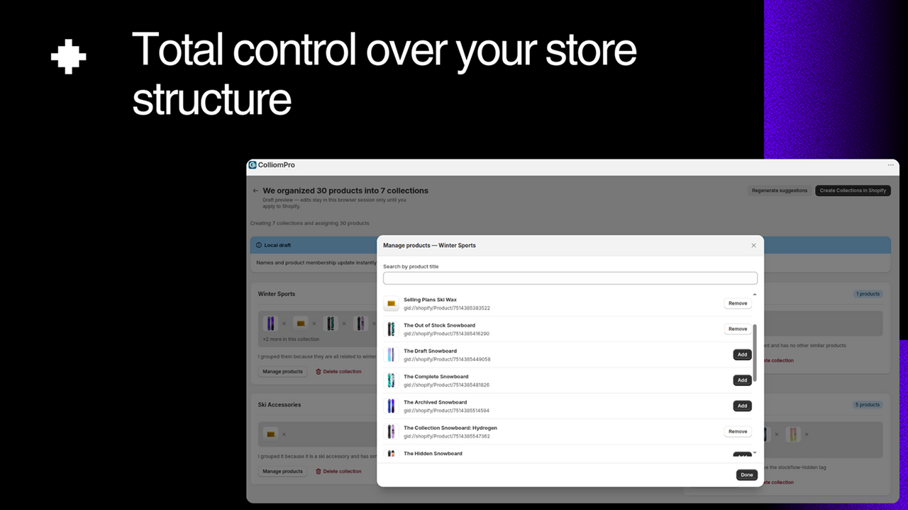 Edit collections and apply changes to Shopify