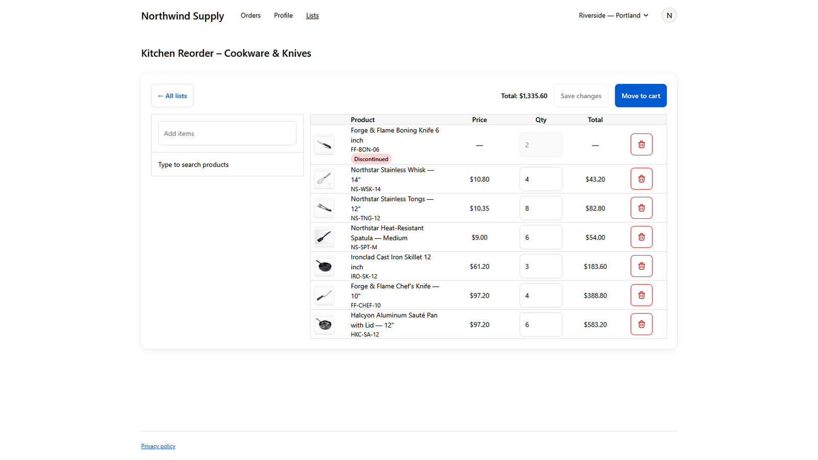 Reordering a saved list from the customer account