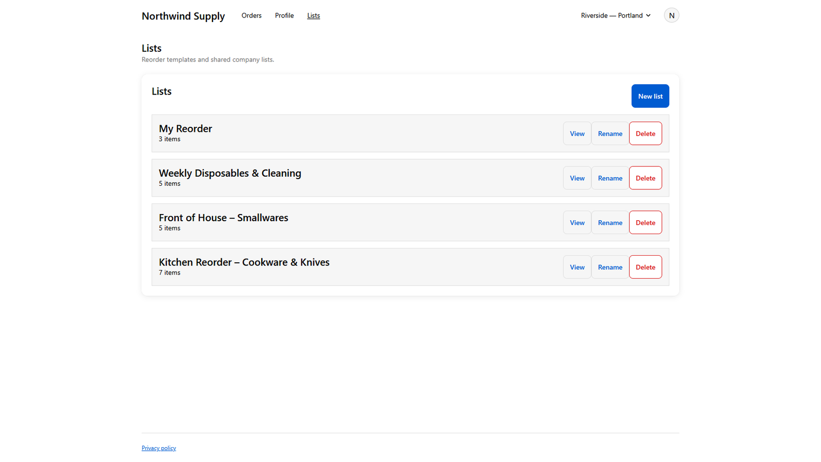 B2B buyer's saved product lists in their customer account