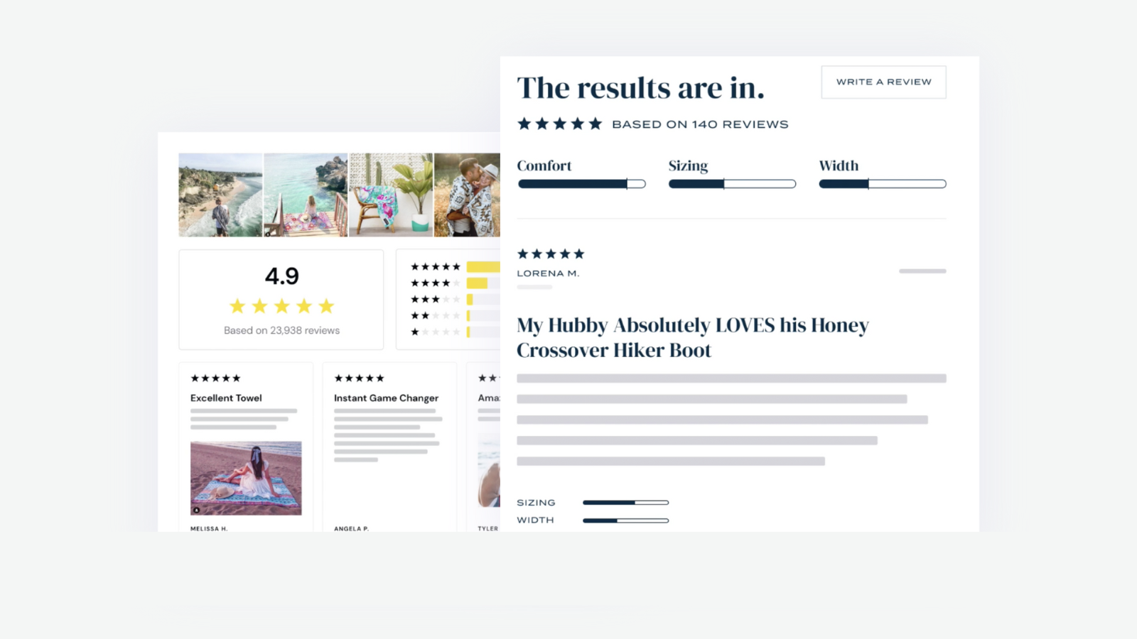 Product page with five star review and images