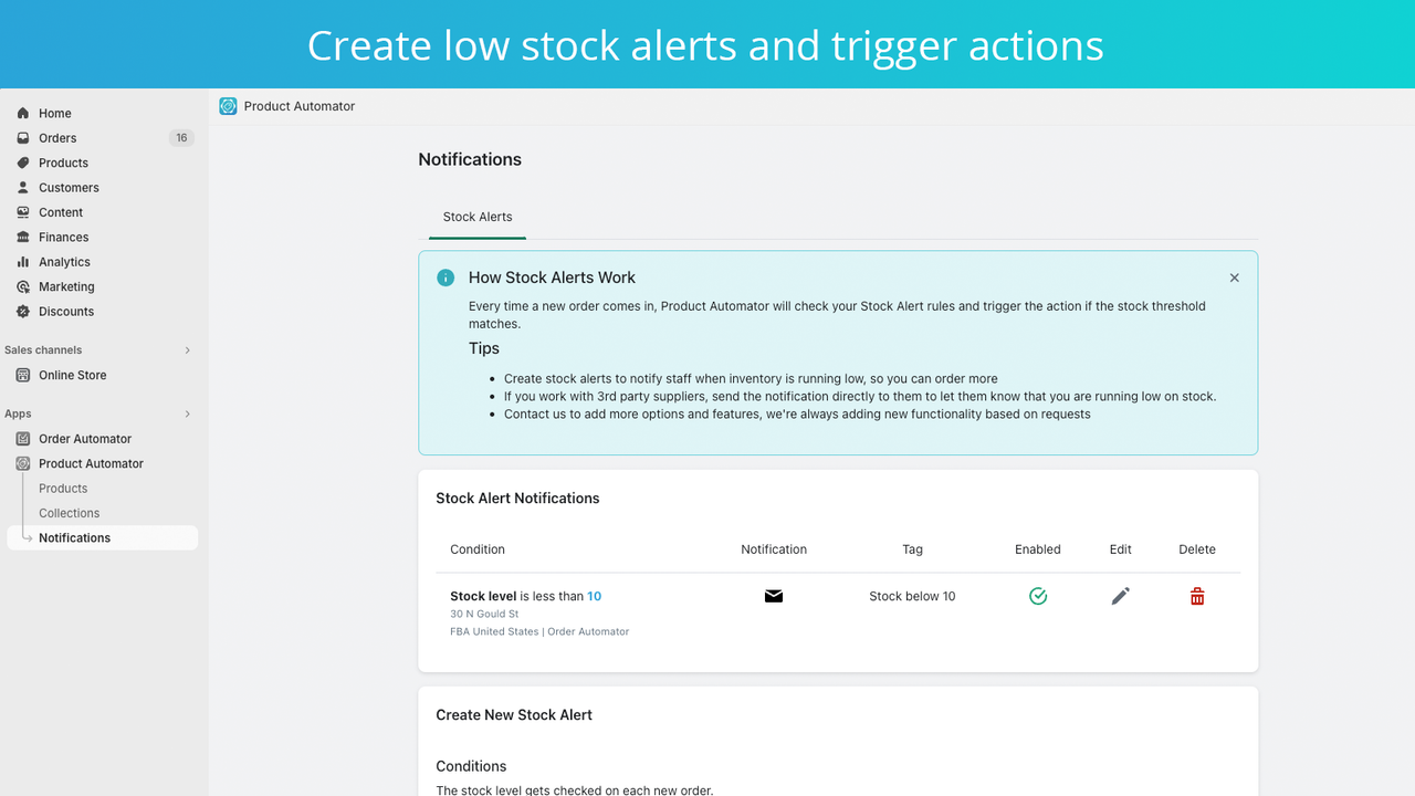 Get low stock notifications on Shopify orders