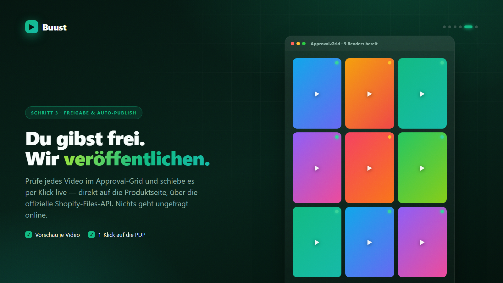 Approval-Grid: Videos prüfen und per Klick live schalten