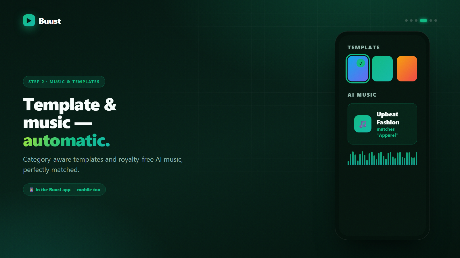 Phone showing template options and a matched music track	