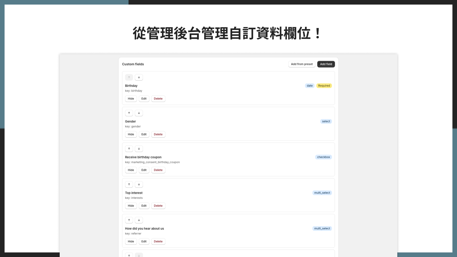 從管理後台管理自訂資料欄位！