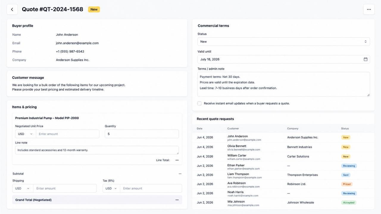 Quote detail with pricing, PDF, email, and Draft Order actions