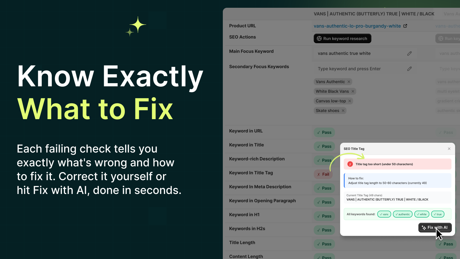 SEO audit tool showing failing checks and AI fix