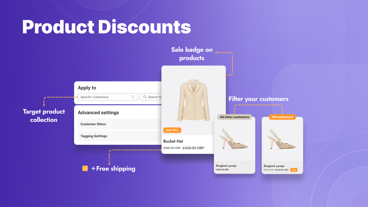 Product discount rules and free shipping setup in dashboard