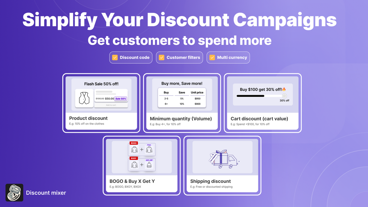 Discount Mixer: product, volume, cart,BOGO,and shipping discount