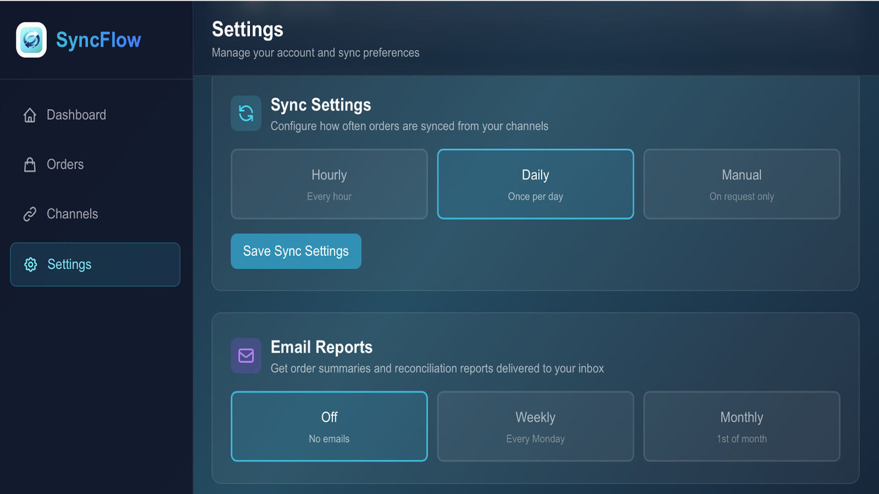 Settings page with sync frequency and email report options