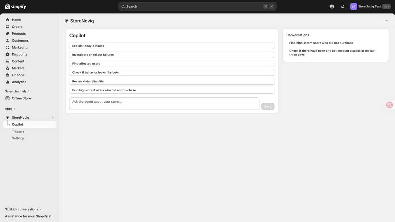 StoreNoviq AI copilot dashboard