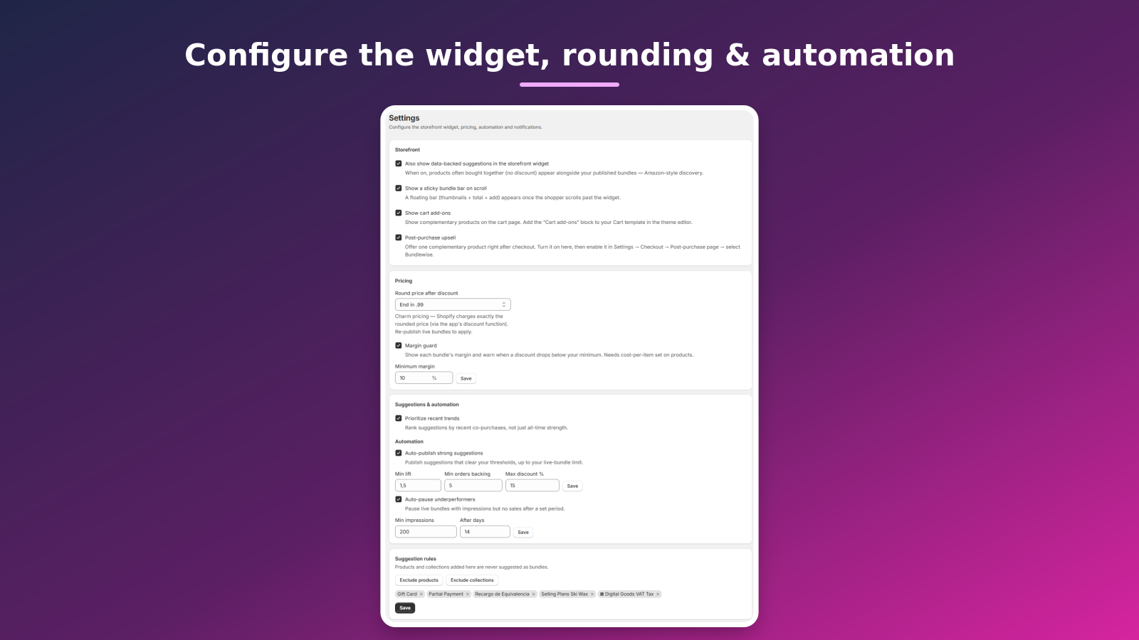Settings: widget, charm rounding, automation and custom CSS