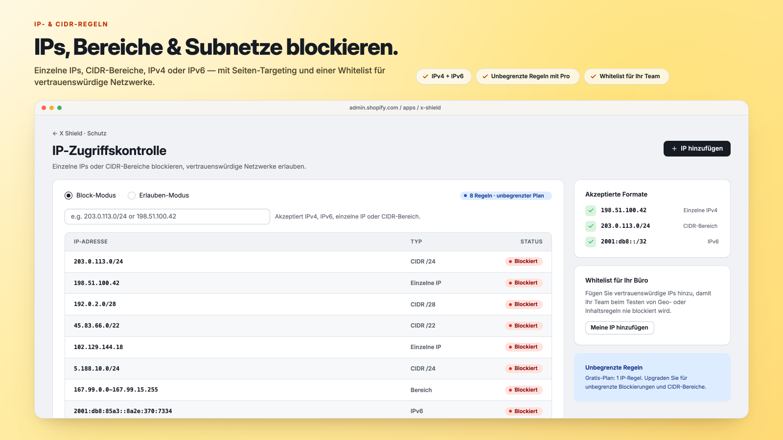 IP-Kontrolle: IPs, CIDR-Blöcke und IP-Bereiche blockieren oder e