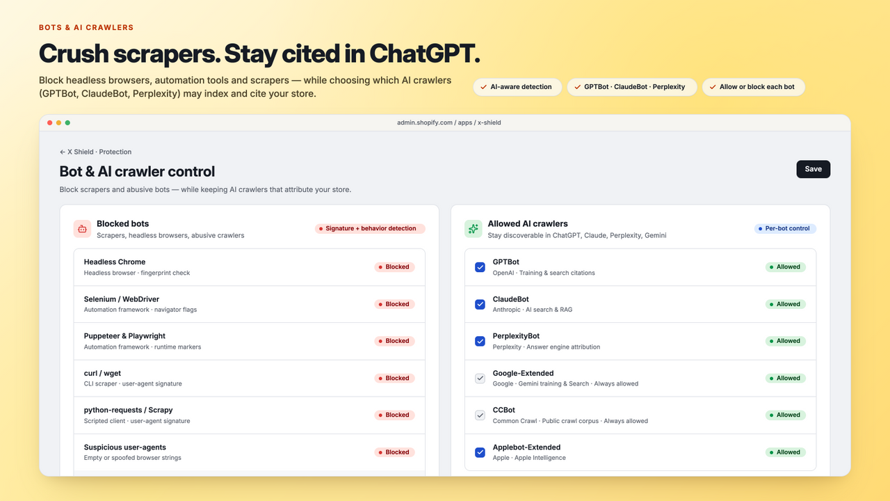 Bot protection with allowlist for Google, Bing and AI crawlers
