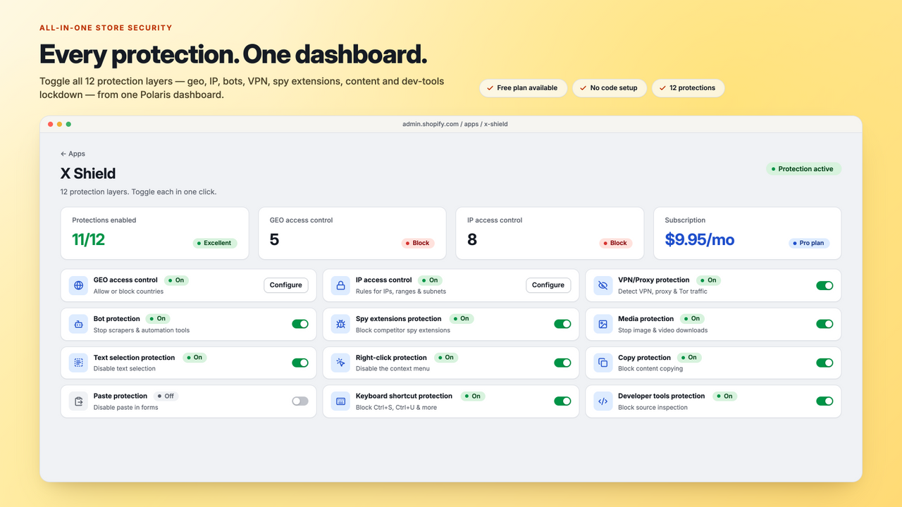 Security dashboard with one-click toggles for each protection