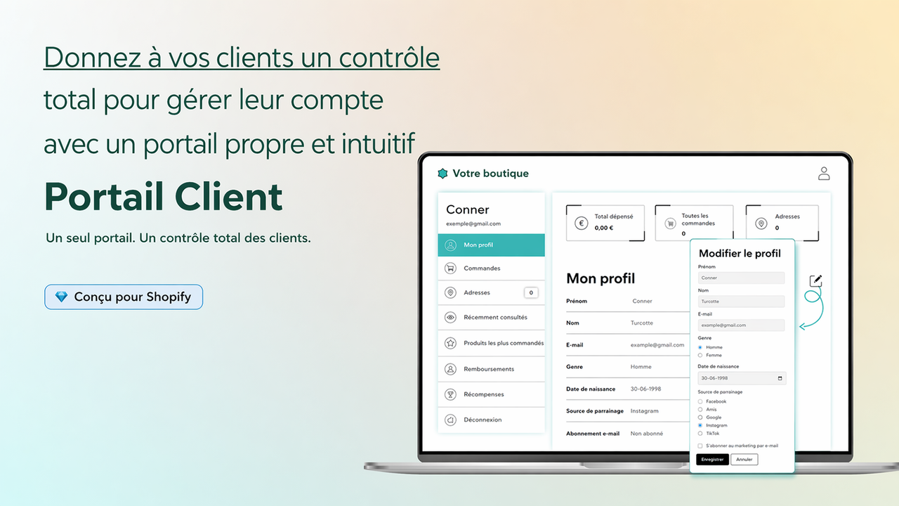 Custlo - Pages avancées des comptes clients sur Shopify