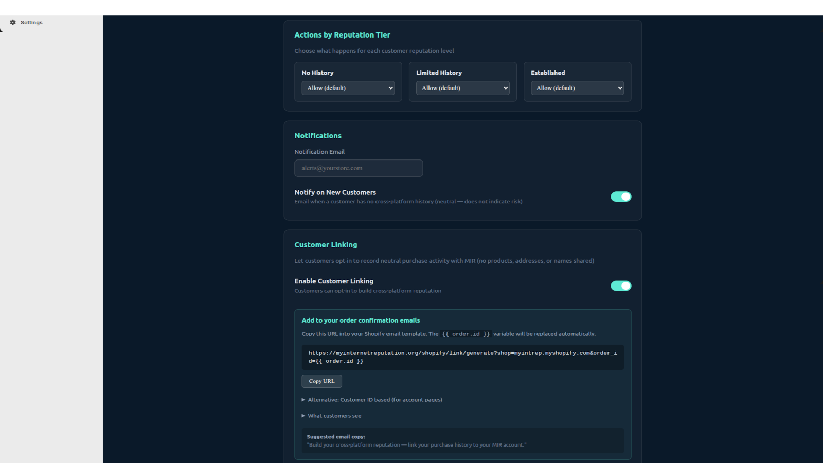 Configuration screen showing events MIR monitors in your store