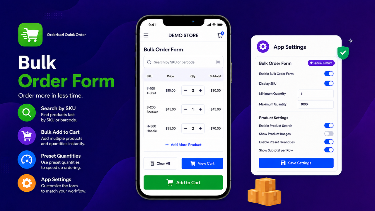 Orderbazi Quick Order bulk order form and settings