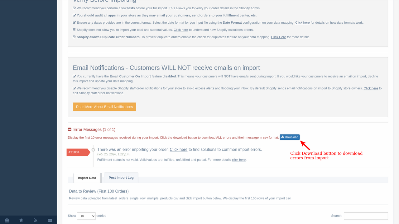 Download errors in csv for re-import