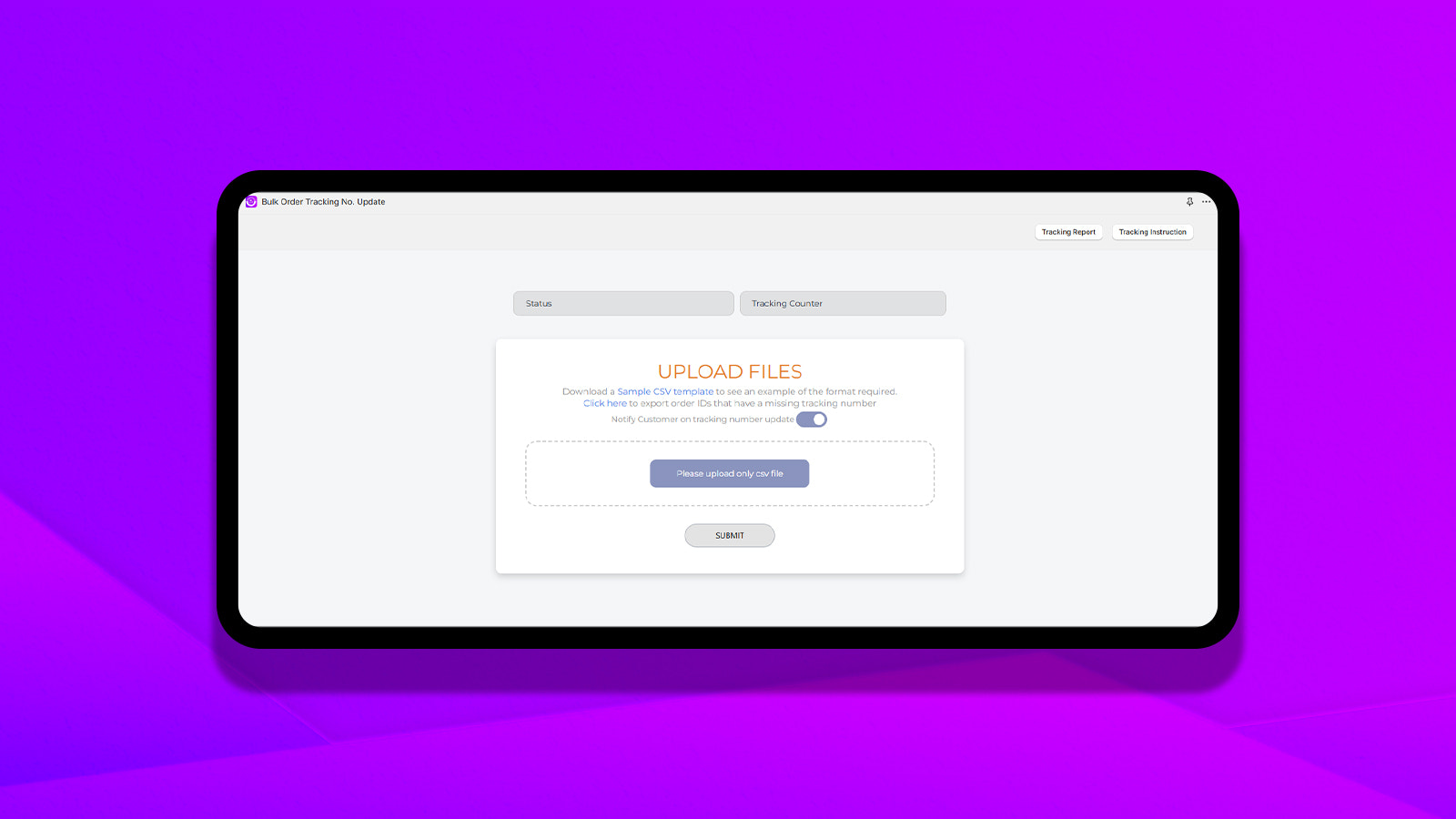 Tracking number uploading screen