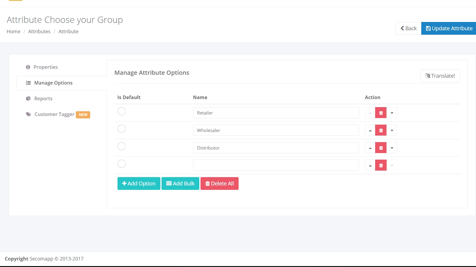 customer attribute options