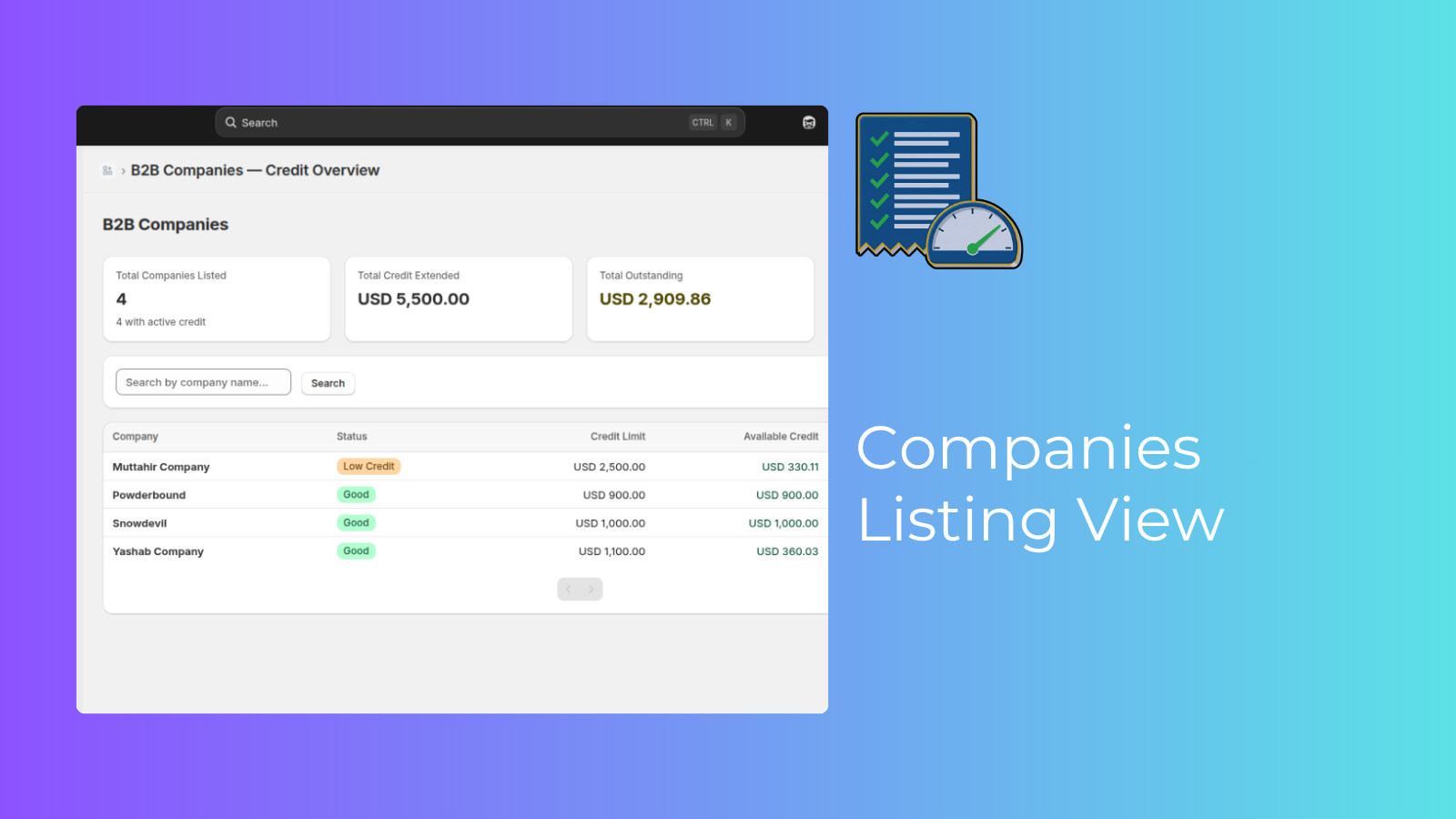 Companies listing view