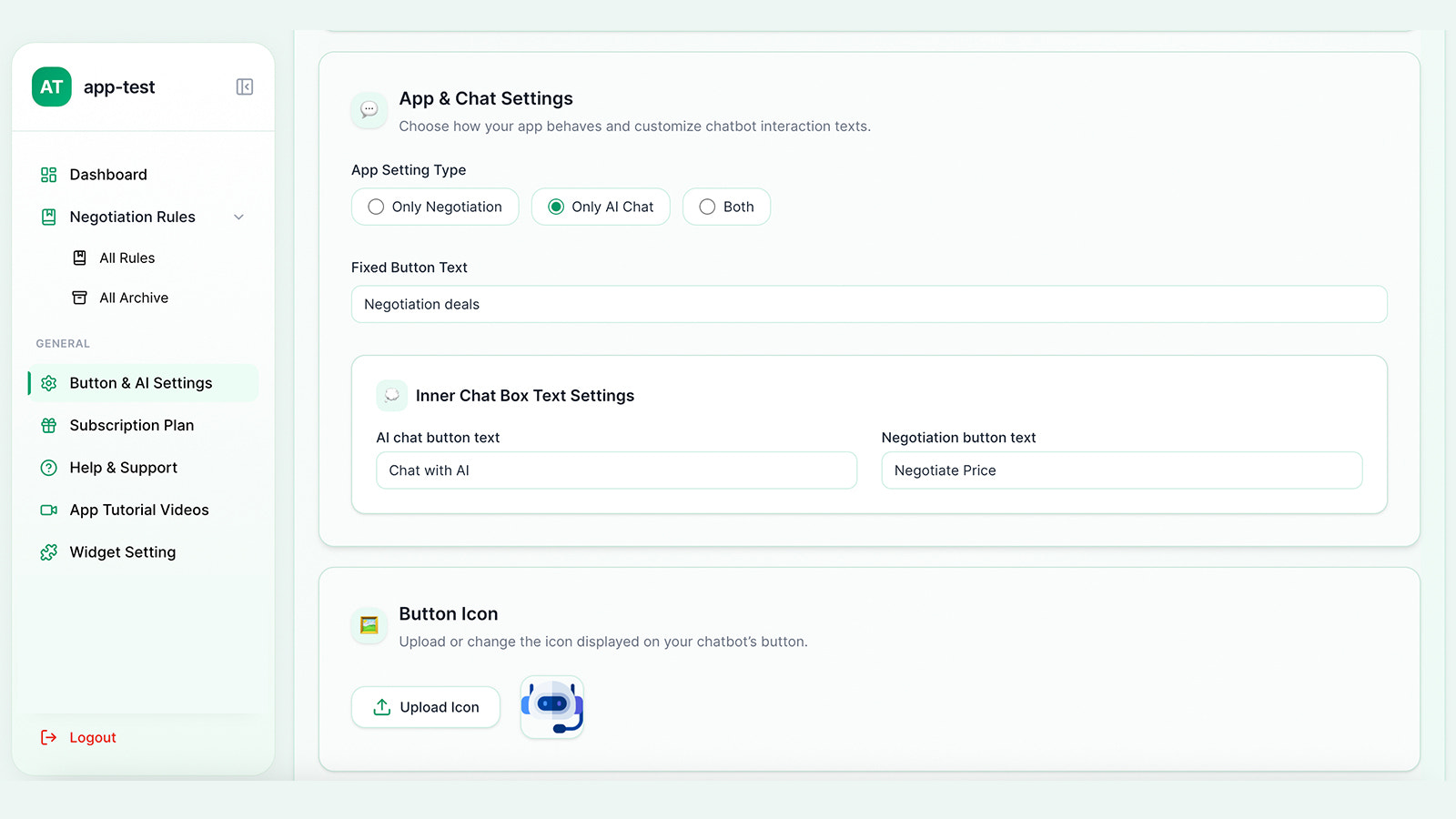 Custom chat widget with live chat, AI negotiation