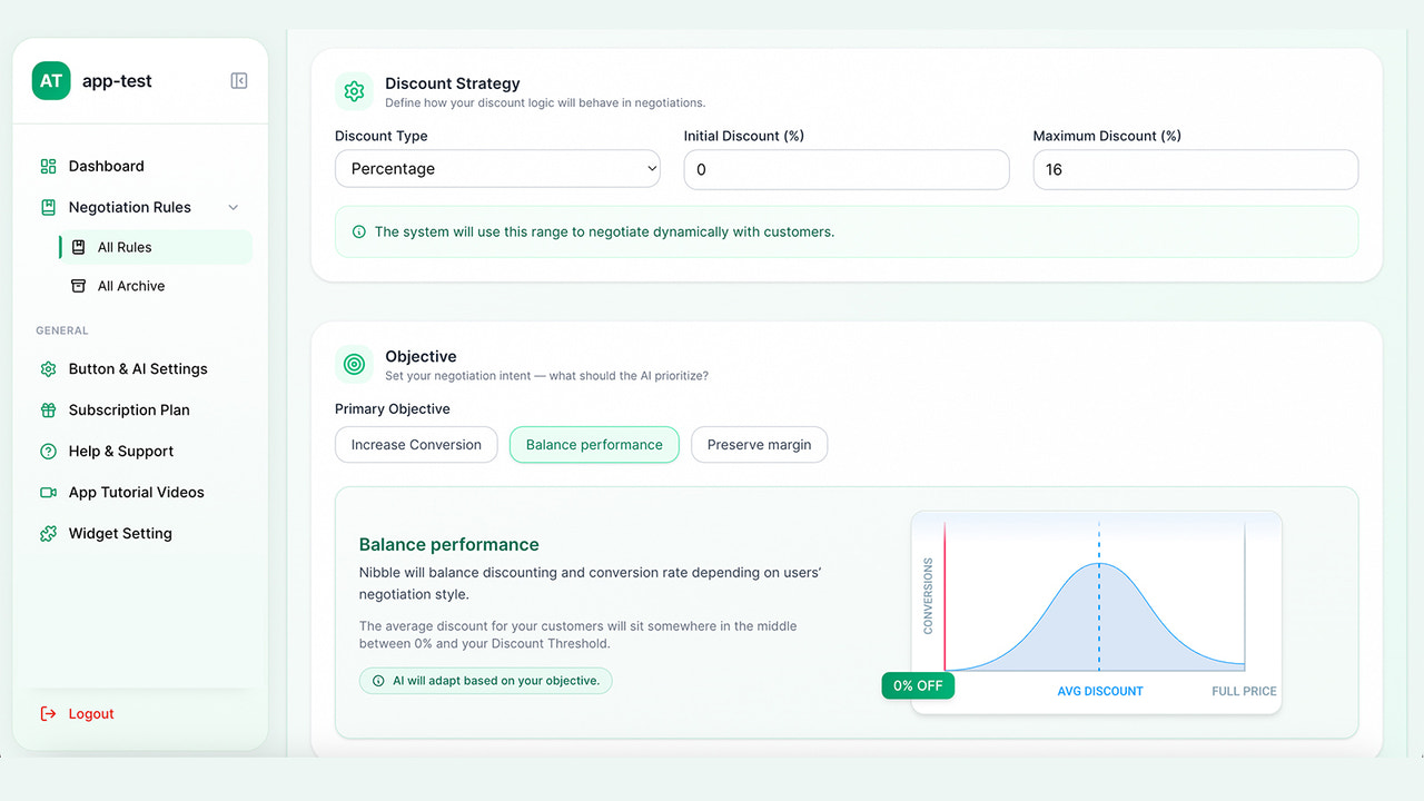 Custom chat widget with live chat, AI negotiation