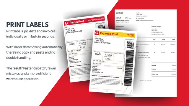 Pay and print Australia Post labels within the app!