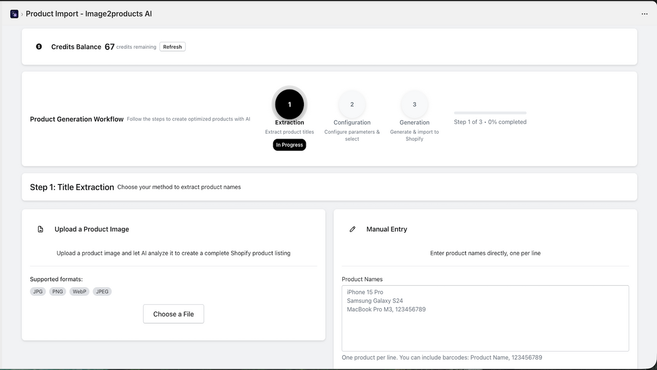 Image upload and product generation interface