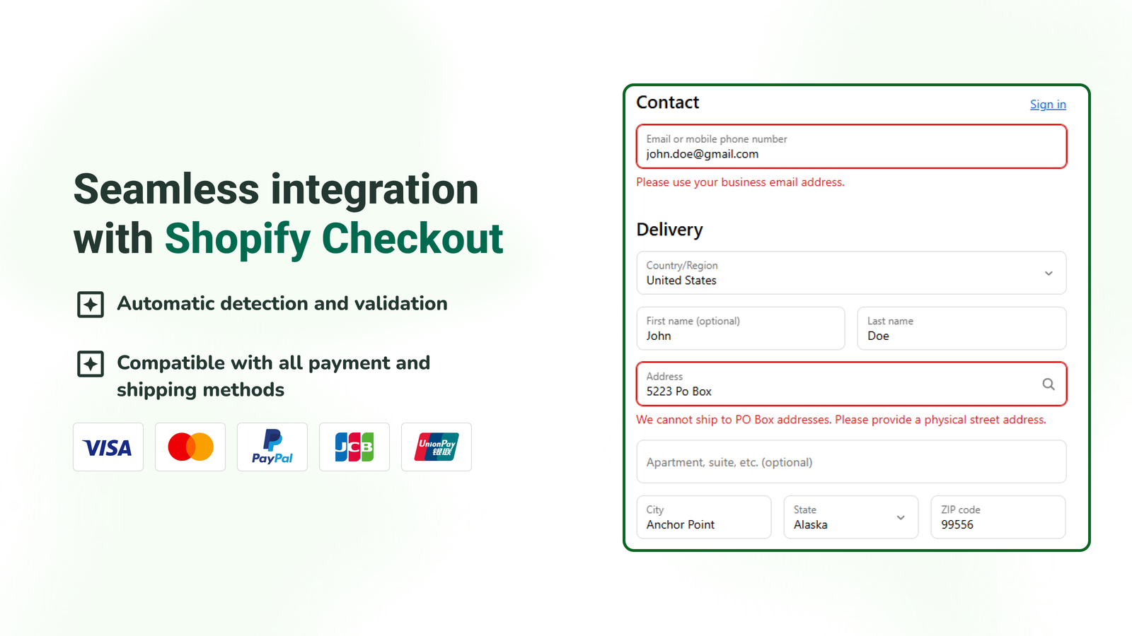 Shopify Checkout PO Box validation