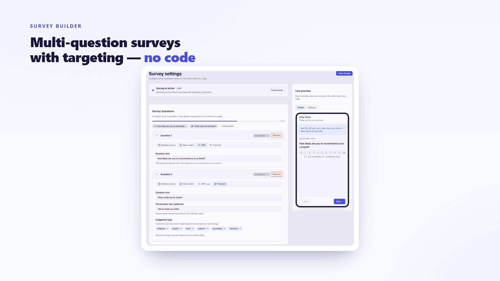Survey builder with question types and live preview