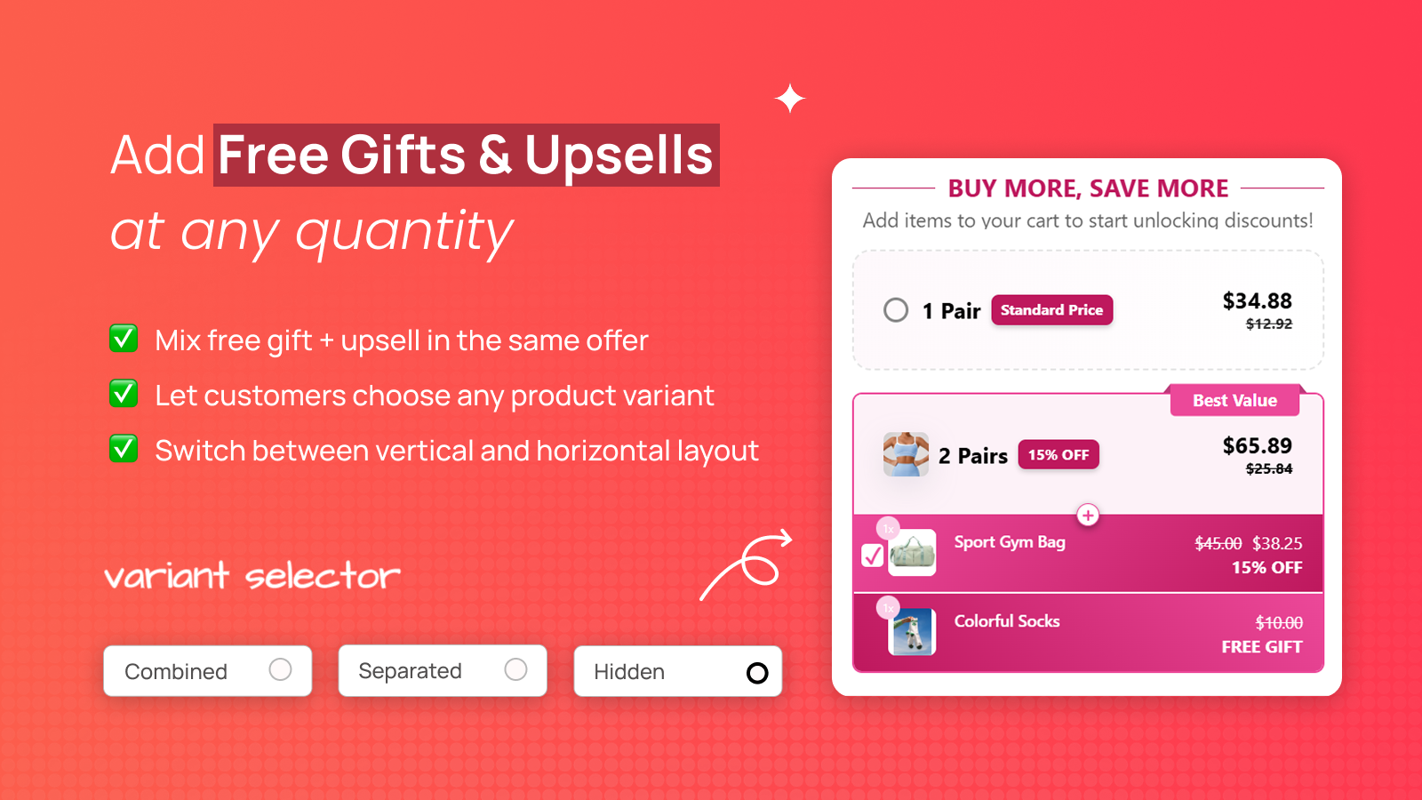 Set up Free gift and upsell at a quantity with variant selector 