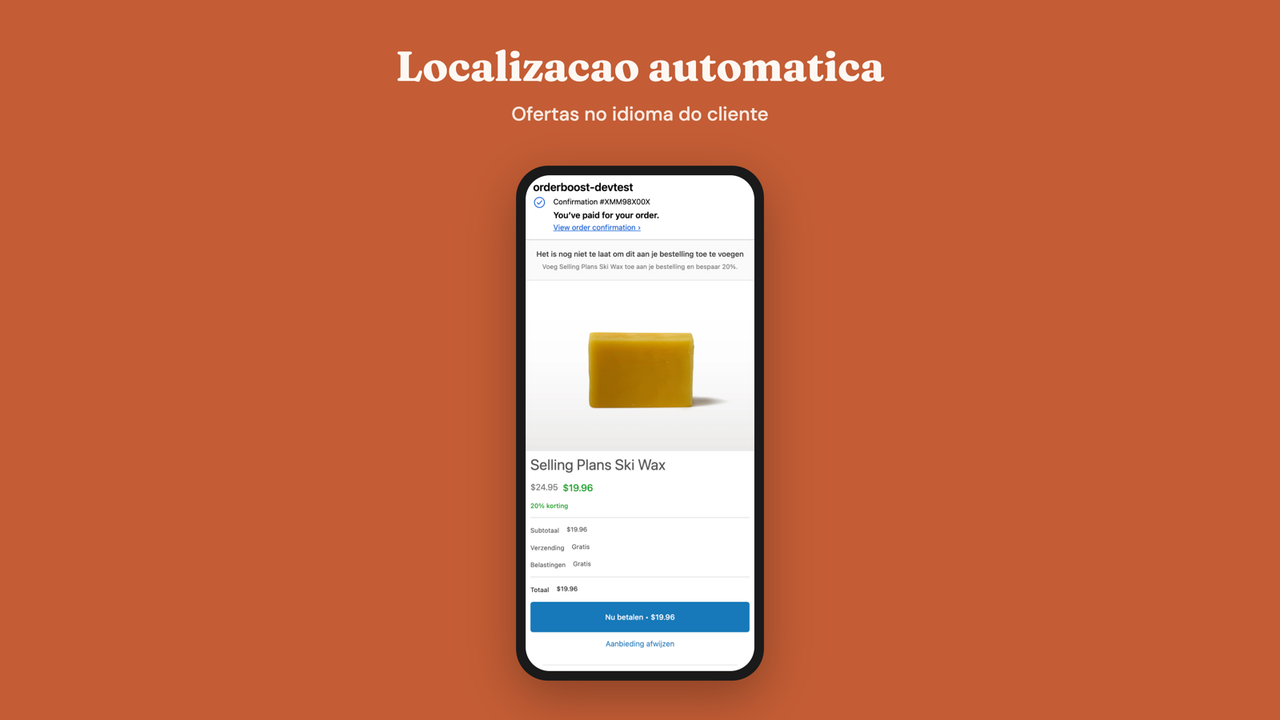 Oferta de upsell exibida automaticamente no idioma do cliente