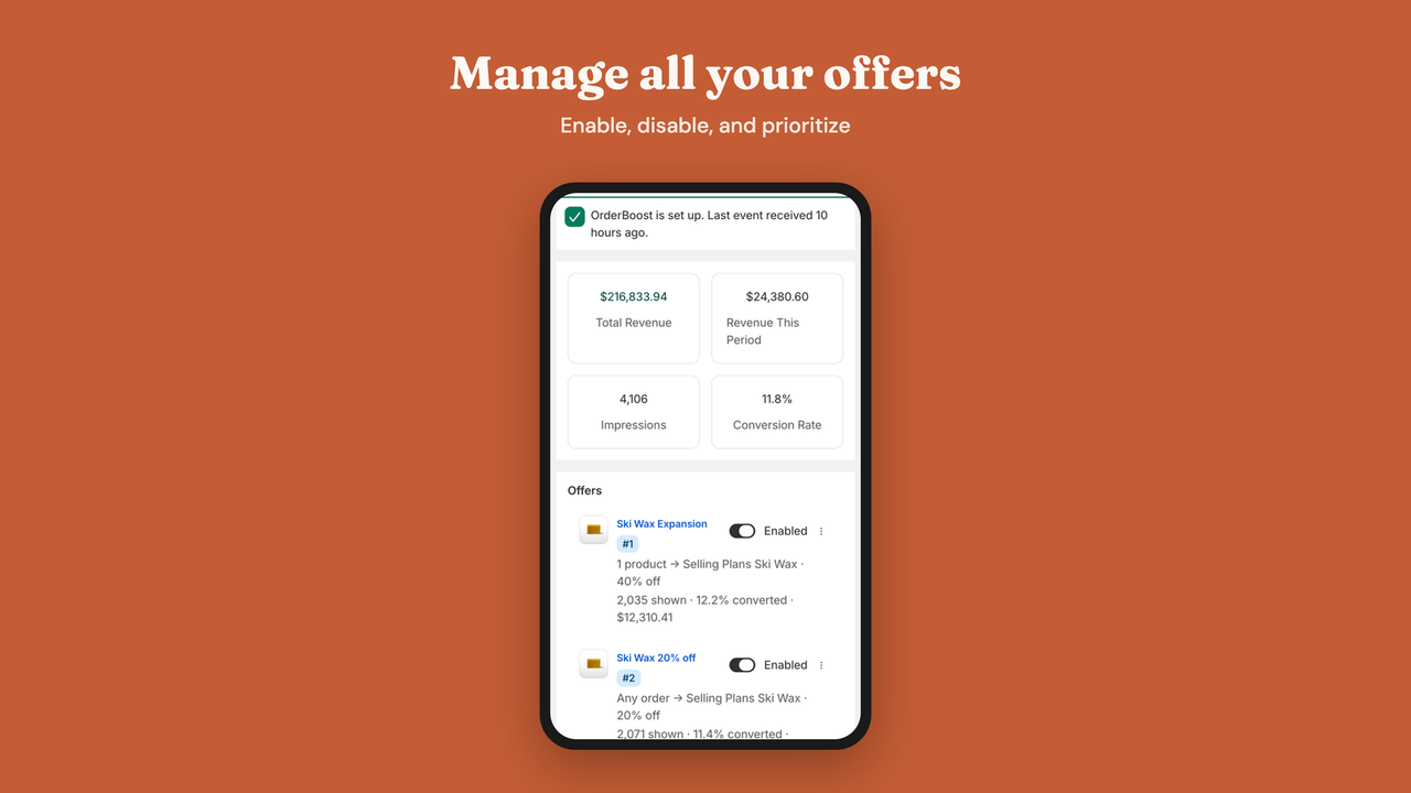 Dashboard with all upsell offers and enable/disable toggles