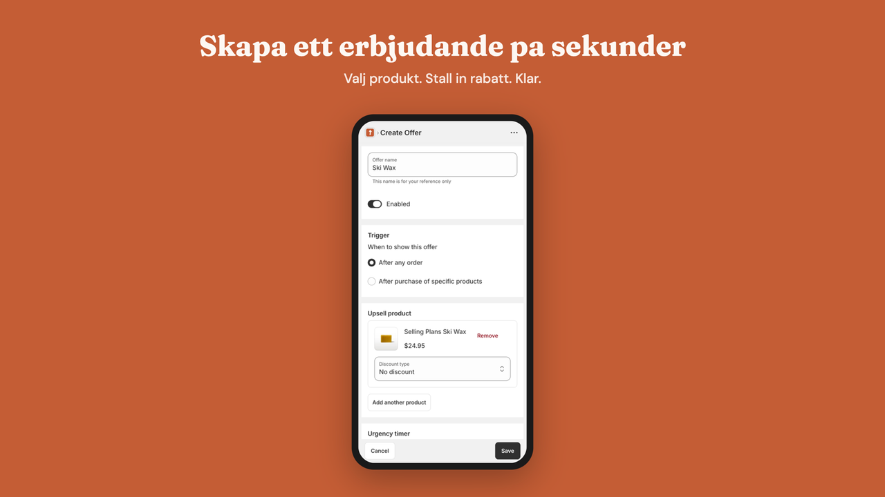 Formular for att skapa erbjudande med produkt och rabatt