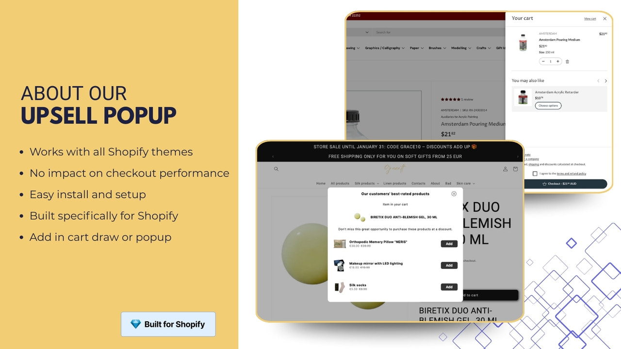 Easy to install, built for Shopify, add to cart draw or popup.