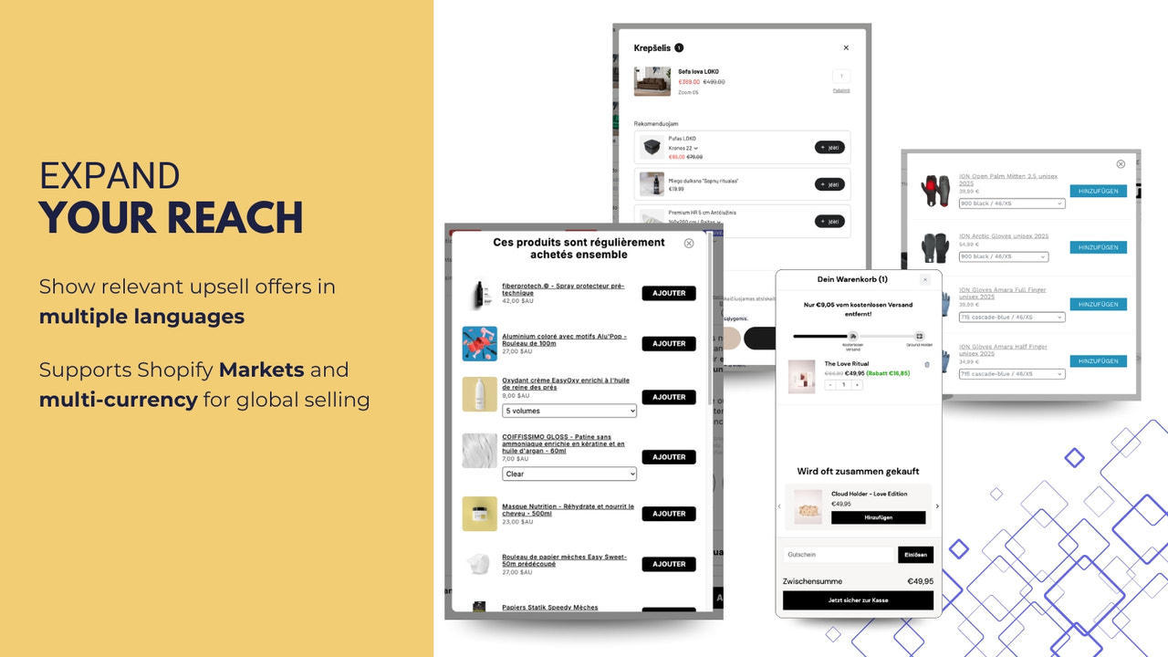 Supports Shopify markets, multi-language and multi-currency.