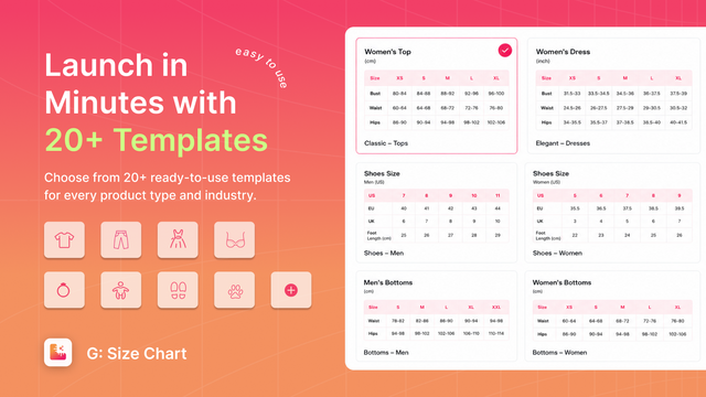 Size chart templates for clothing, men/women/kids, shoes, pet