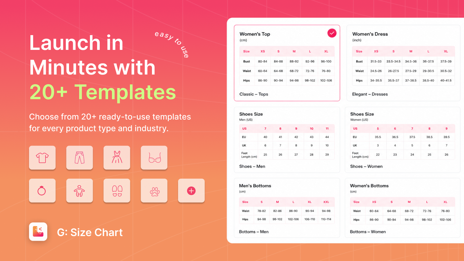 Size chart templates for clothing, men/women/kids, shoes, pet