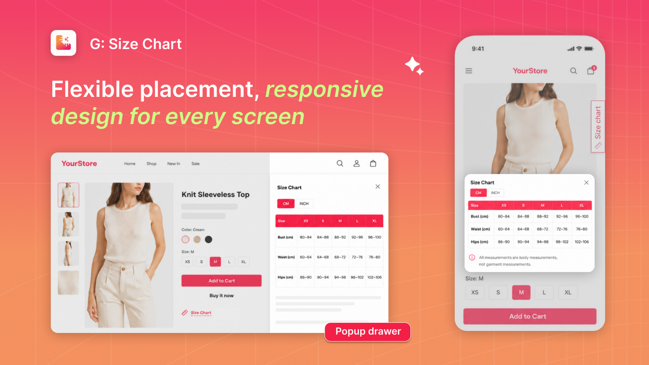 Responsive size chart popup on desktop and mobile pages