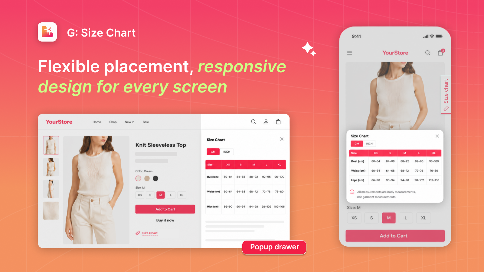 Responsive size chart popup on desktop and mobile pages